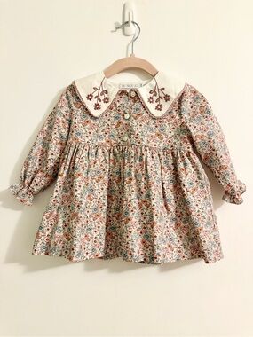 Floral Long-Sleeve Dress with Embroidered Peter Pan Collar - Pink Multi